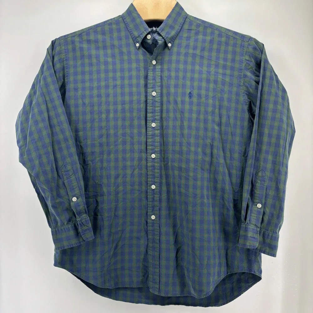Polo Ralph Lauren Blake Shirt Men Large Green Blue Plaid Cotton Button Down